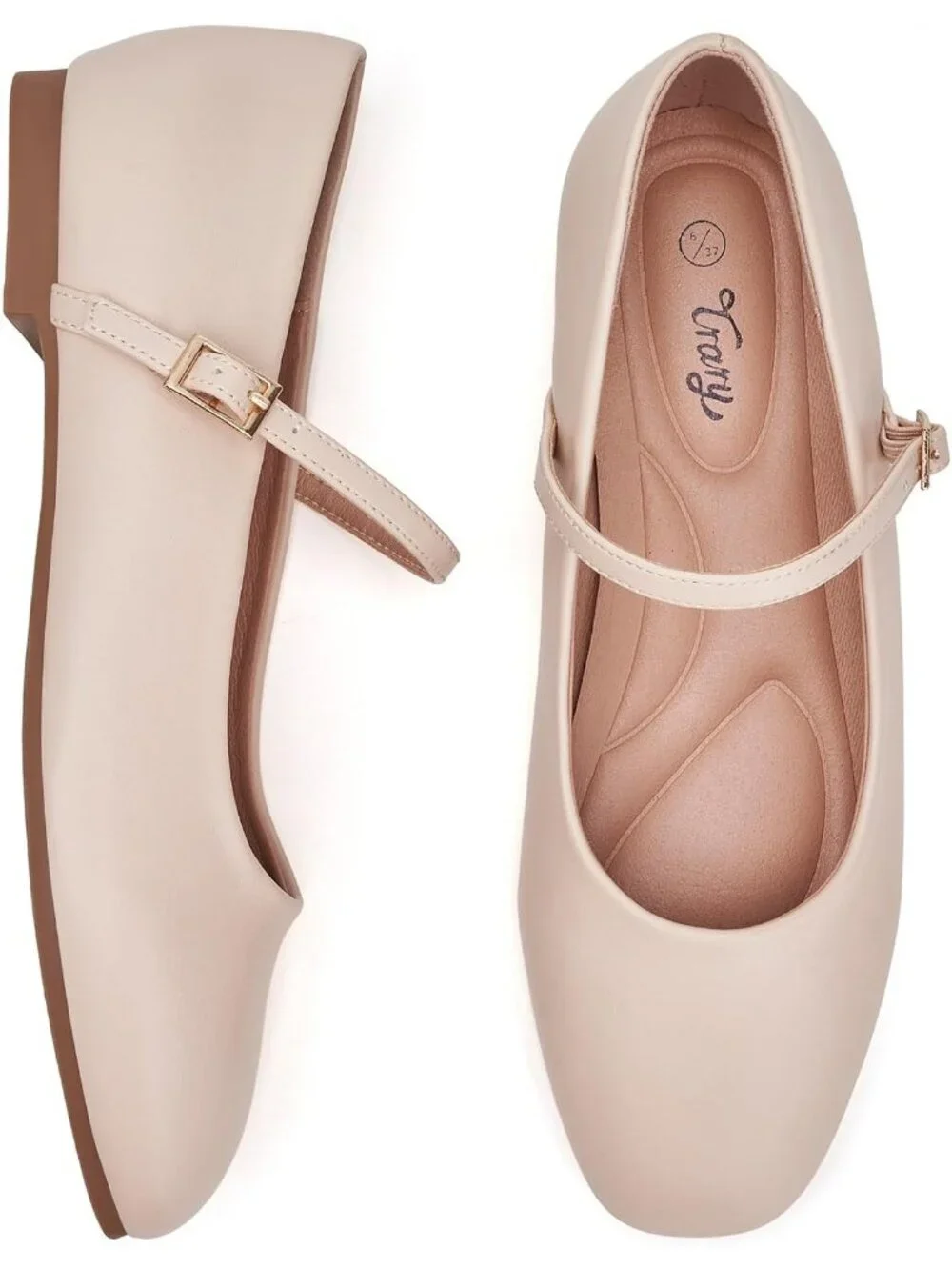 Women's Nude Square Toe With Adjustable Buckle Strap Ballet Flat Slip On Shoes